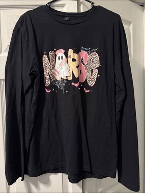 Gildan Black Long-Sleeve Tee with Pink Leopard “Nurse” Graphic